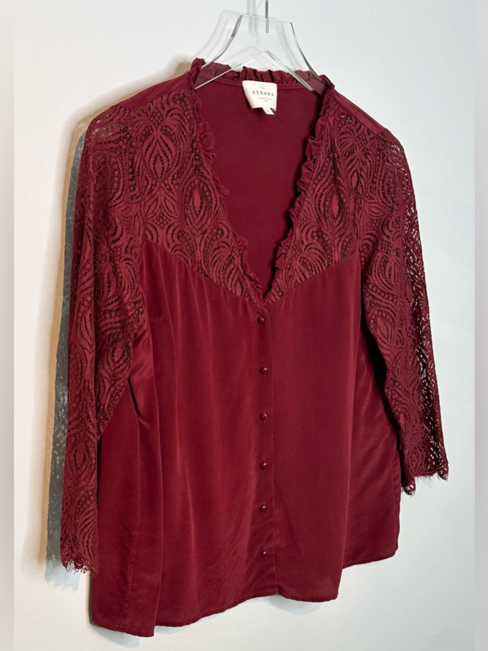 Sezane Margaret Bordeaux Red Silk Lace Sleeve Blouse Shirt Top - Picture 5 of 14